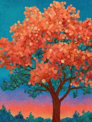 Vibrant tree with colorful leaves against a blue background.