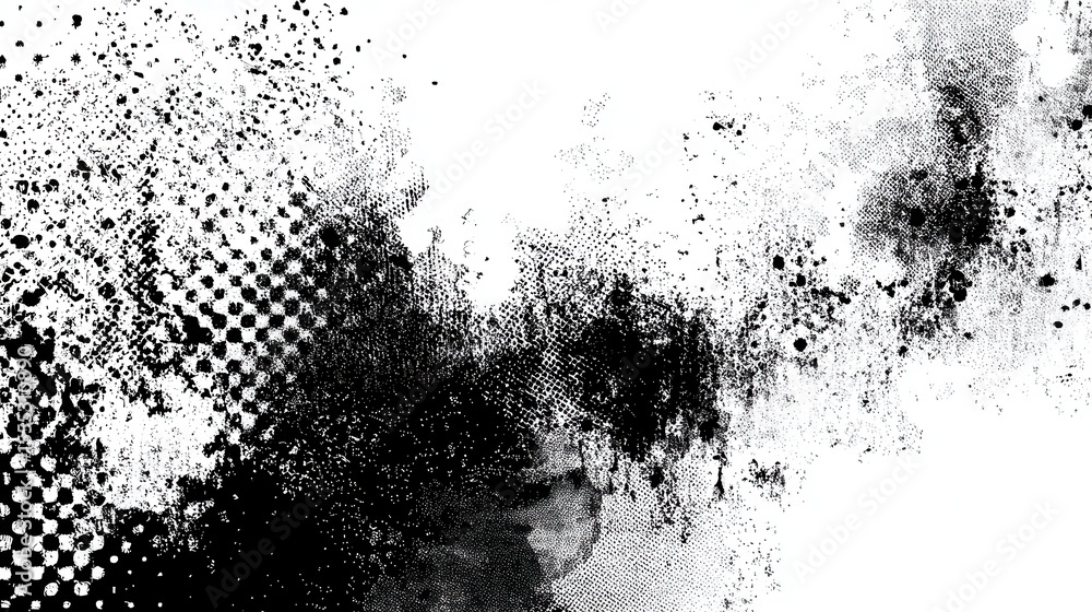 Poster grunge texture overlay creates a distressed and damaged appearance with halftone patterns and ink sp