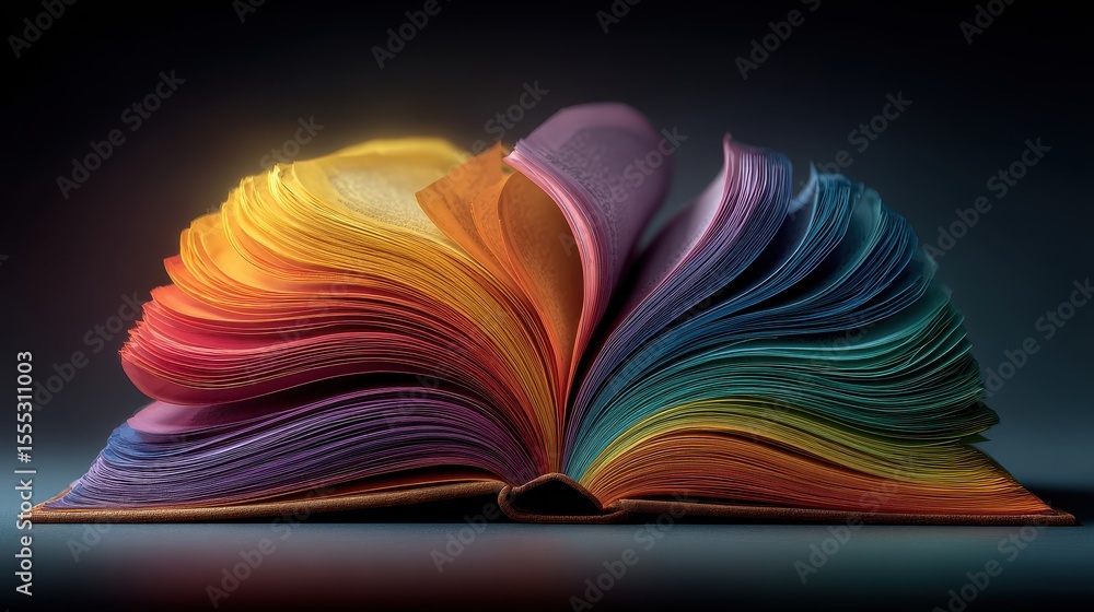 Poster open book with pages displaying colorful spectrum and creative fan shape on grey background
