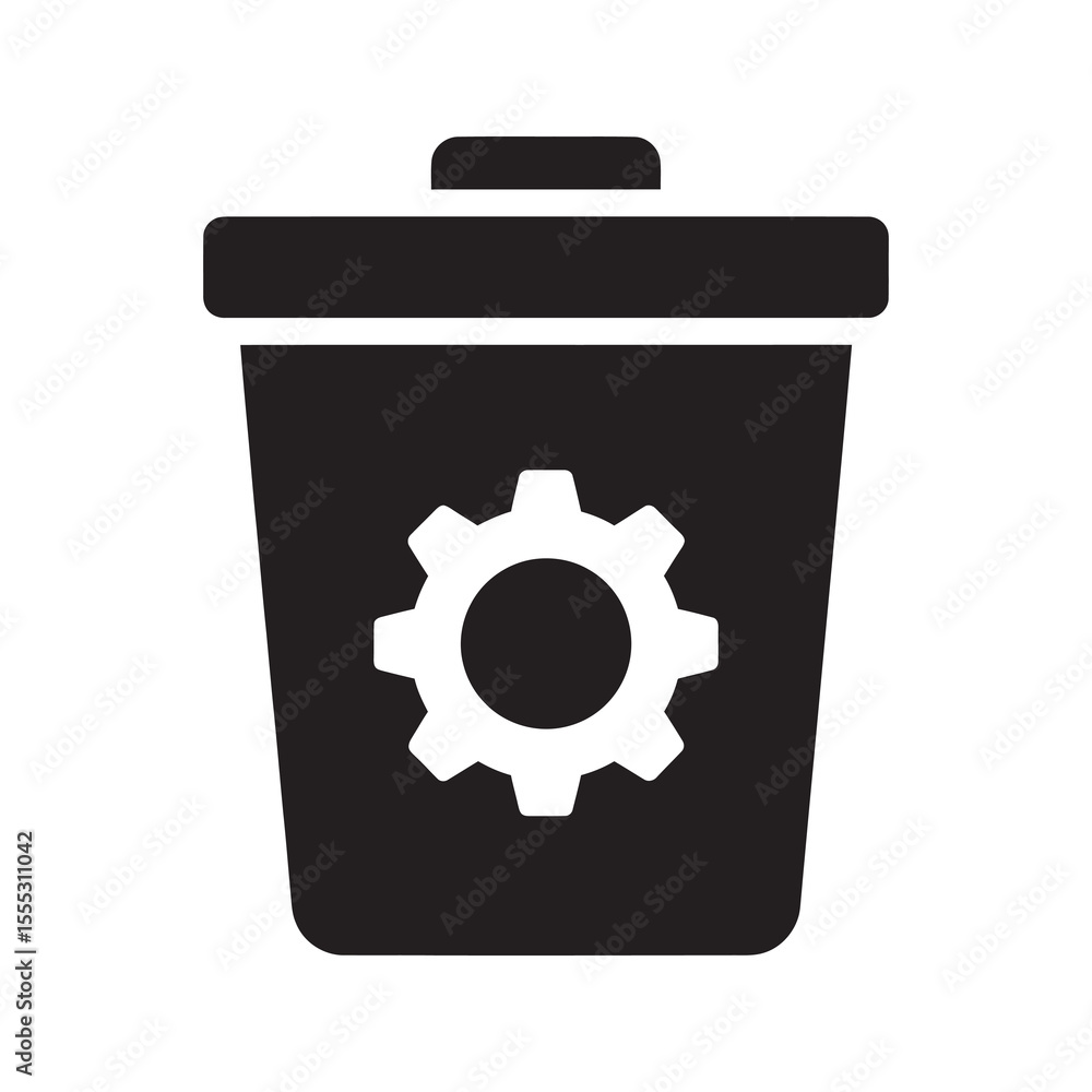 Poster waste management icon with a trash can and gear symbolizing recycling process system settings and th