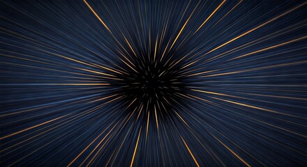 Obraz premium Hyperspace Jump: Golden Light Streaks Radiating from a Central Black Hole in the Dark Void of Space