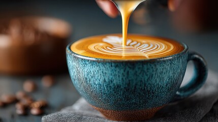 Espresso shot being poured into a blue coffee cup with latte art on a burlap cloth