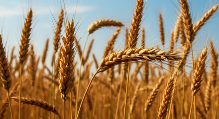 Fototapeta premium Golden Wheat Stalks Against a Bright Blue Sky