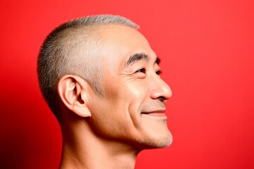 Fototapeta premium Idea of style for aging men. Modish men's buzz cut haircut - midlife asian man with short hair. Red solid background. A cheerful and poised gentleman standing elegantly.