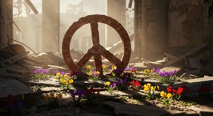 A weathered peace symbol rises from ruins with vibrant flowers, symbolizing hope.