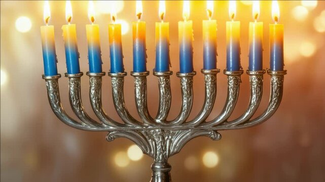 A beautiful menorah with blue and yellow candles is lit up. The candles are arranged in a row, with the blue candles on the left and the yellow candles on the right