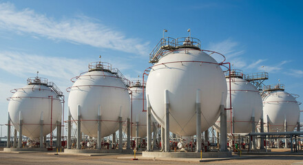 Spherical tanks in an industrial setting under a blue sky with some clouds on a sunny day outside view