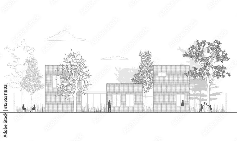 Poster architectural drawings, minimal style cad building house drawing, side view, set of section outline 
