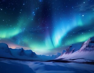 Naklejka premium magical sky with aurora and stars blue northern