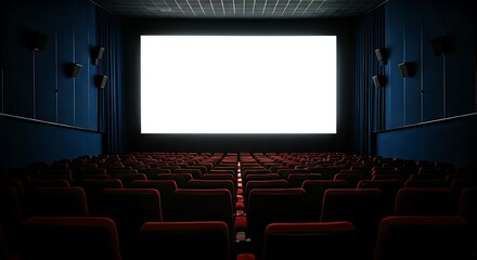 Fototapeta premium Empty Movie Theater with Red Seats and a Blank White Screen Ready for a New Film