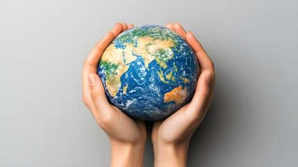 Hands holding world globe showing continents, concept of global business and unity, neutral background --ar 16:9