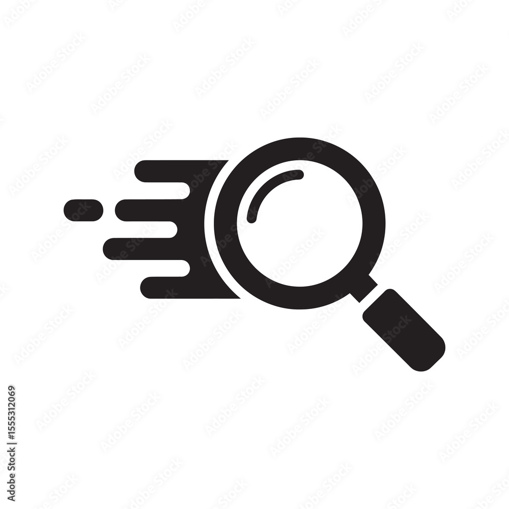 Poster quick search icon with a fast magnifying glass for rapid data analysis speedy information lookup and