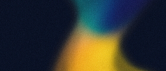 Yellow blue abstract blurred gradient shape, black grainy background, noise texture banner backdrop design, copy space