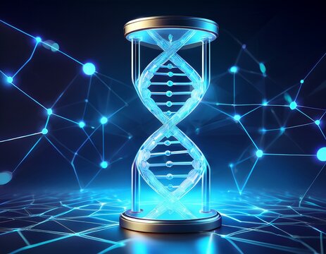 a futuristic concept of longevity and life expectancy featuring a glowing low polygon dna helix and hourglass on a dark blue background