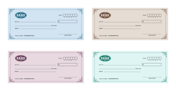 Collection of bank check template isolated on a white backdrop. Set of bank cheque on a white background