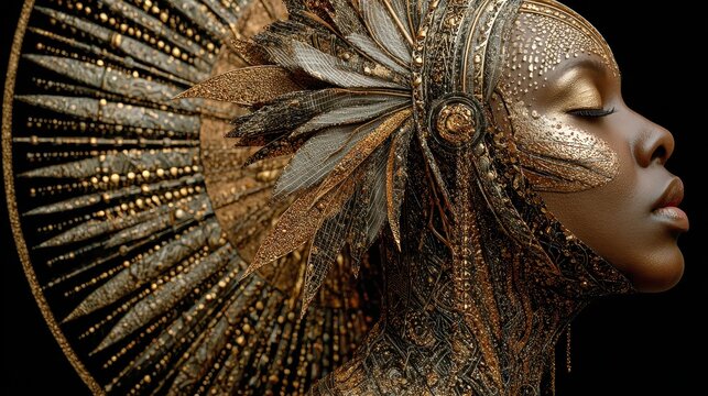 Golden goddess stands bathed in celestial light, wearing a flowing gown with gold jewelry and halo on dark starry night background - Powered by Adobe