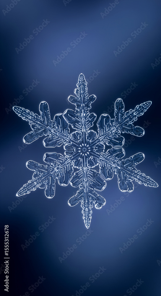 Poster close up of a single symmetrical snowflake with intricate details on a dark blue background