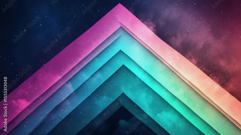 Poster glowing nebula with stars and triangular shapes in vibrant colors.