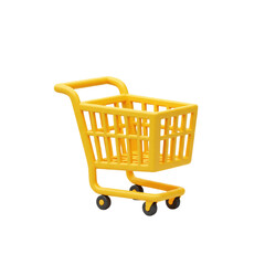 3d yellow shopping cart isolated on transparent background, PNG, yellow cart, empty cart PNG, retail cart, store cart, ecommerce icon, digital cart
