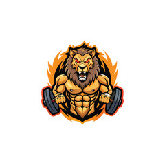 Angry lion logo with six-pack abs and gym weight plates in mane, strong fitness mascot