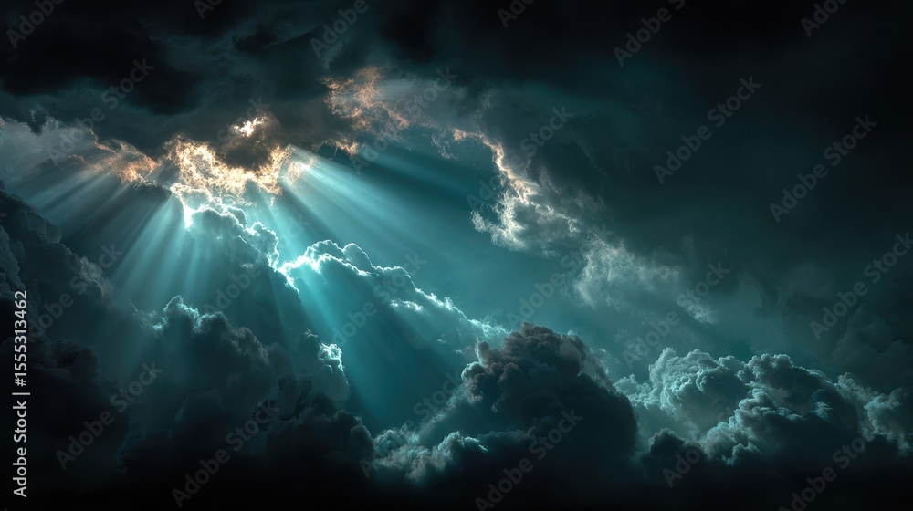 Poster rays of sun shine dramatically through the clouds above, creating an ethereal and awe-inspiring atmo