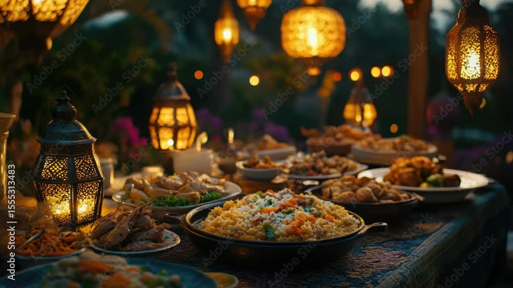 Poster a table with many plates of food and a person reaching for a plate. there are also lanterns hanging 