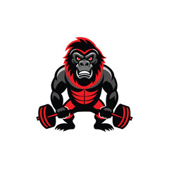 Aggressive Gorilla Lifting Weights Vector, Minimalist Black and Red Gym Fitness Logo Illustration Design