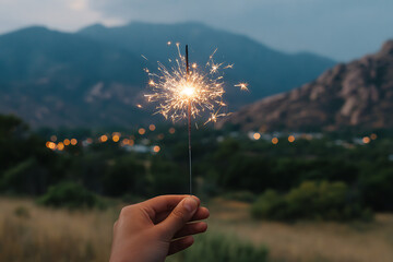 Hand holding sparkler against mountain landscape firework