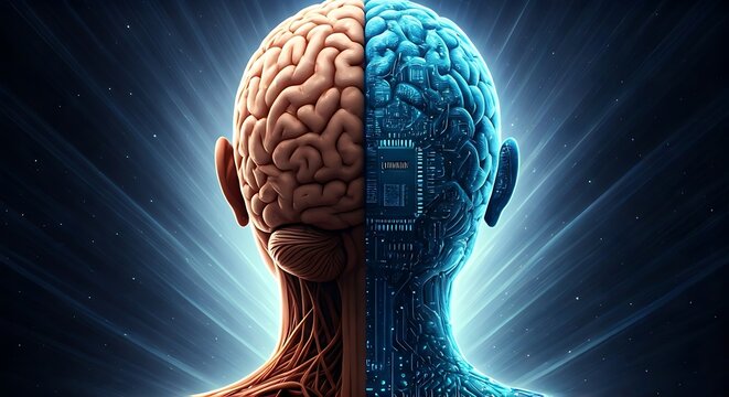 Human vs AI: A striking conceptual image showcasing the fusion of organic and artificial intelligence in the human brain.