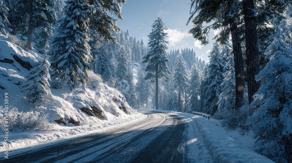 Poster path through snow covered evergreen trees on a winter day in the forest
