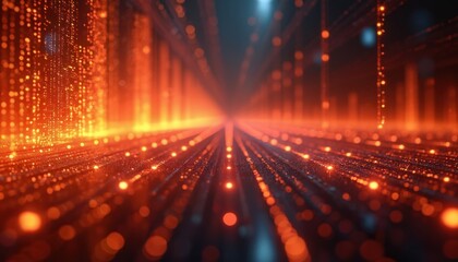 Obraz na płótnie Canvas Abstract digital data visualization. Glowing orange and red lines on dark background. Network of connections, tech concept. Illustration represents modern technology, innovation, cyberspace, future.