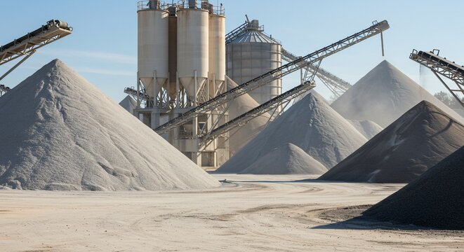 Gravel Quarry with Conveyor Belts and Storage Silos under Blue Sky