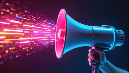 Hand holds neon lit megaphone with digital marketing concept. Loudspeaker promotes online marketing SEO advertising, public relations, social media. Megaphone blasts digital information data stream.
