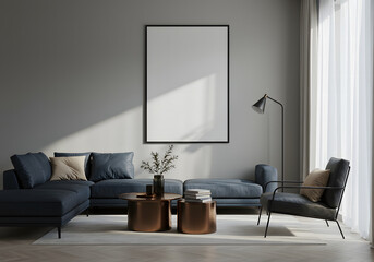 Modern living room with blue sectional sofa armchair coffee table and blank picture frame