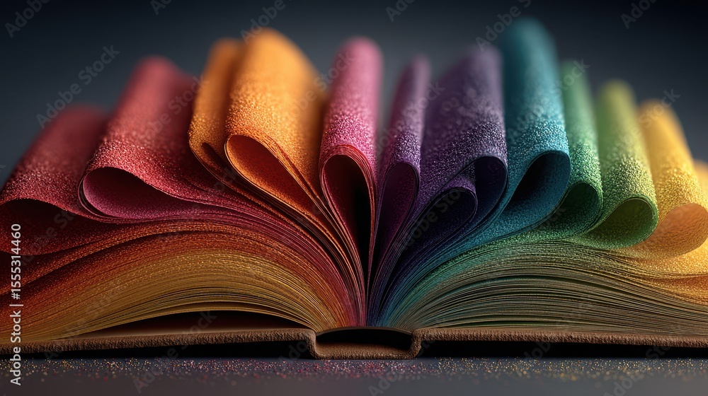 Aufkleber open book featuring colorful pages arranged in a vibrant spectrum, displaying the concept of knowled