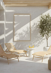 Relaxing outdoor lounge area with chaise lounges drinks and a blank framed poster bathed in sunlight