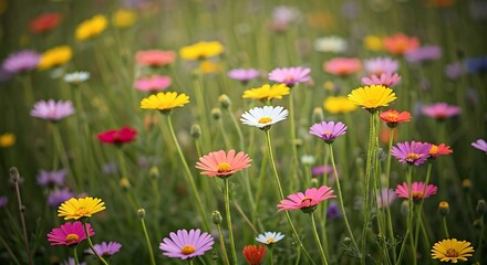 Vibrant Field of Daisies: A Colorful Tapestry of Spring Blooms in a Lush Meadow