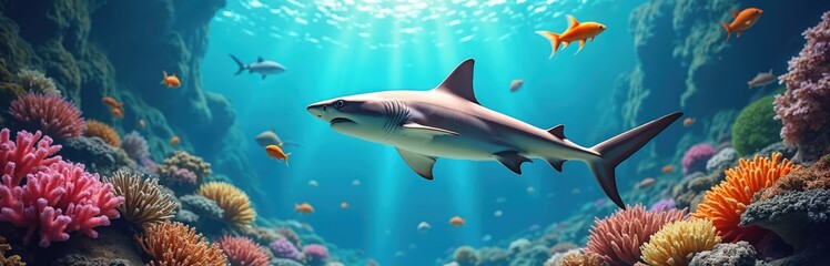 Fototapeta premium Illustration of swimming in aquarium near colorful coral reefs. Tropical marine life ocean wildlife, underwater background. Sea predator in clear water. Sun rays, orange fish.