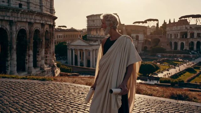 Roman Philosopher Contemplating the Colosseum at Sunset