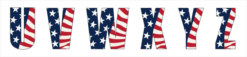 Fototapeta premium Vector font on background of national flag of usa. A set of letters of english alphabet with american pattern of stars and stripes for clothing, fabric, textile, paper, inscription on t-shirt.
