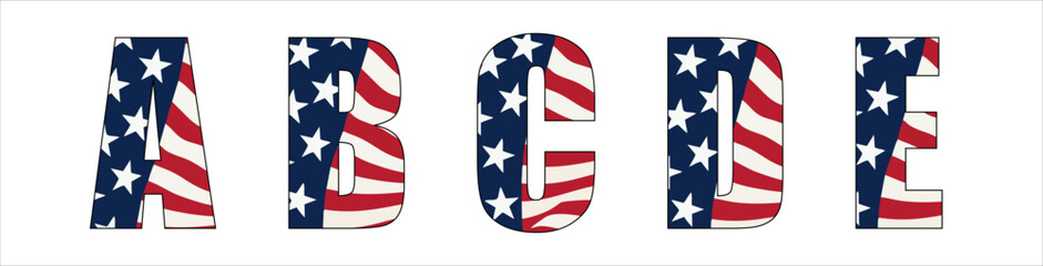 Obraz premium Vector font on background of national flag of usa. A set of letters of english alphabet with american pattern of stars and stripes for clothing, fabric, textile, paper, inscription on t-shirt.