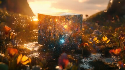 A glowing cube rests in a colorful field of flowers under a radiant sunset sky, creating a magical scene full of light and energy.