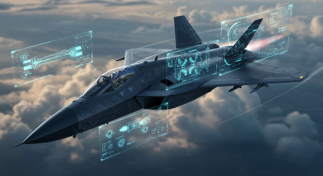 Fighter jet digital cockpit military aircraft technology cloudscape visualization defense modern - Powered by Adobe