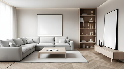 Modern living room with a large sectional sofa coffee table bookshelf and blank picture frames
