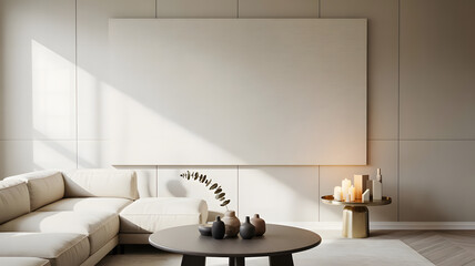 Modern living room with a sectional sofa coffee table and built in shelving unit