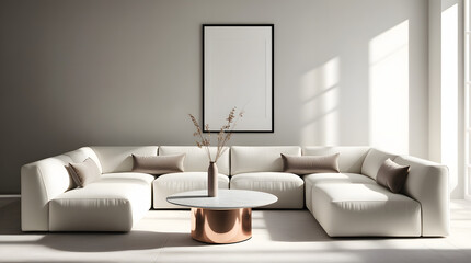 Modern living room with a large white sectional sofa marble coffee table and dried floral centerpiece