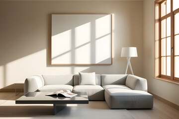 Modern living room with a sectional sofa coffee table and large window with natural light