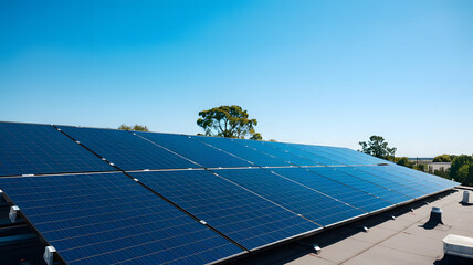 Expansive array of dark blue solar panels installed on a rooftop under a clear blue sky