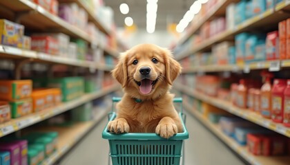 Golden retriever puppy smiling in shopping cart at pet supply store. Dog looks forward, happy to buy pet supplies, products for animals. Animal, pet shop, grocery store, shopping concept.