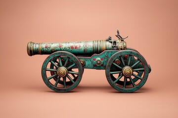ornate antique cannon with floral engravings on pastel background